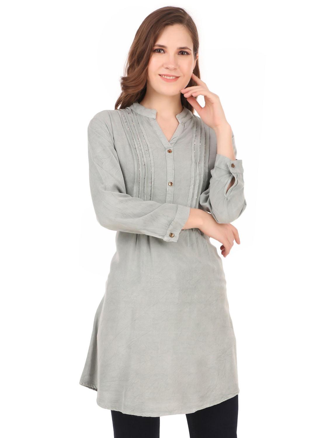 grey solid long sleeve a-line tunic - 19408375 - Standard Image - 1