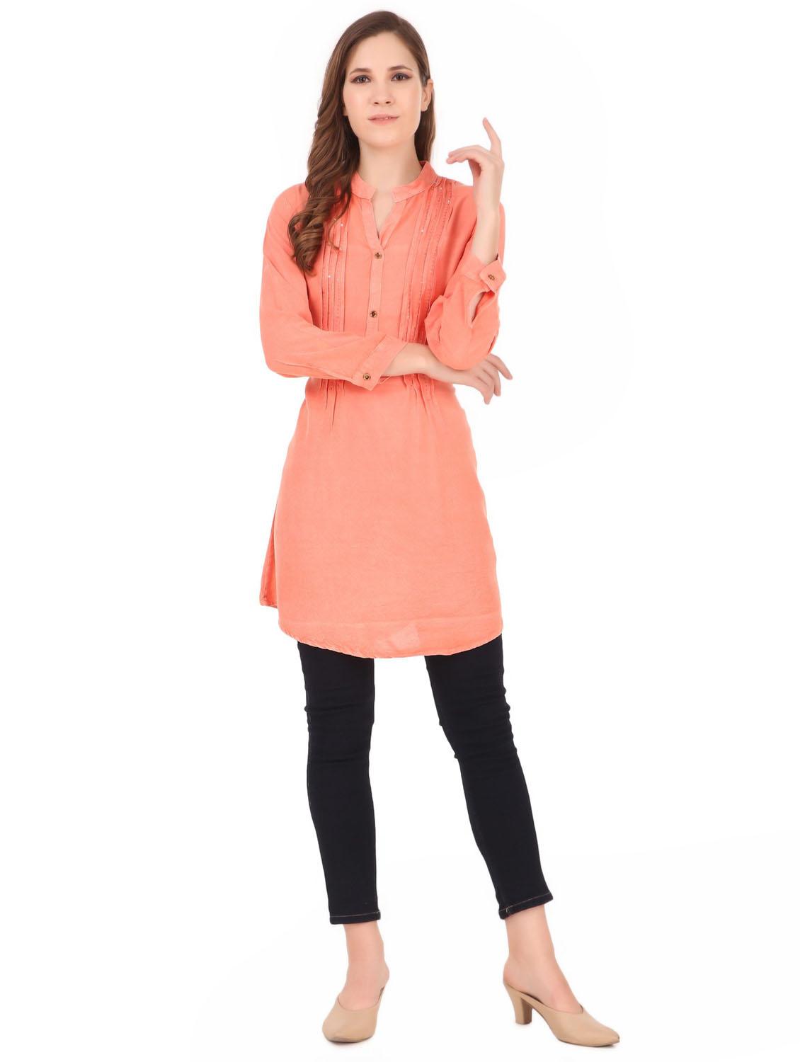 orange solid long sleeve a-line tunic - 19408441 - Standard Image - 4