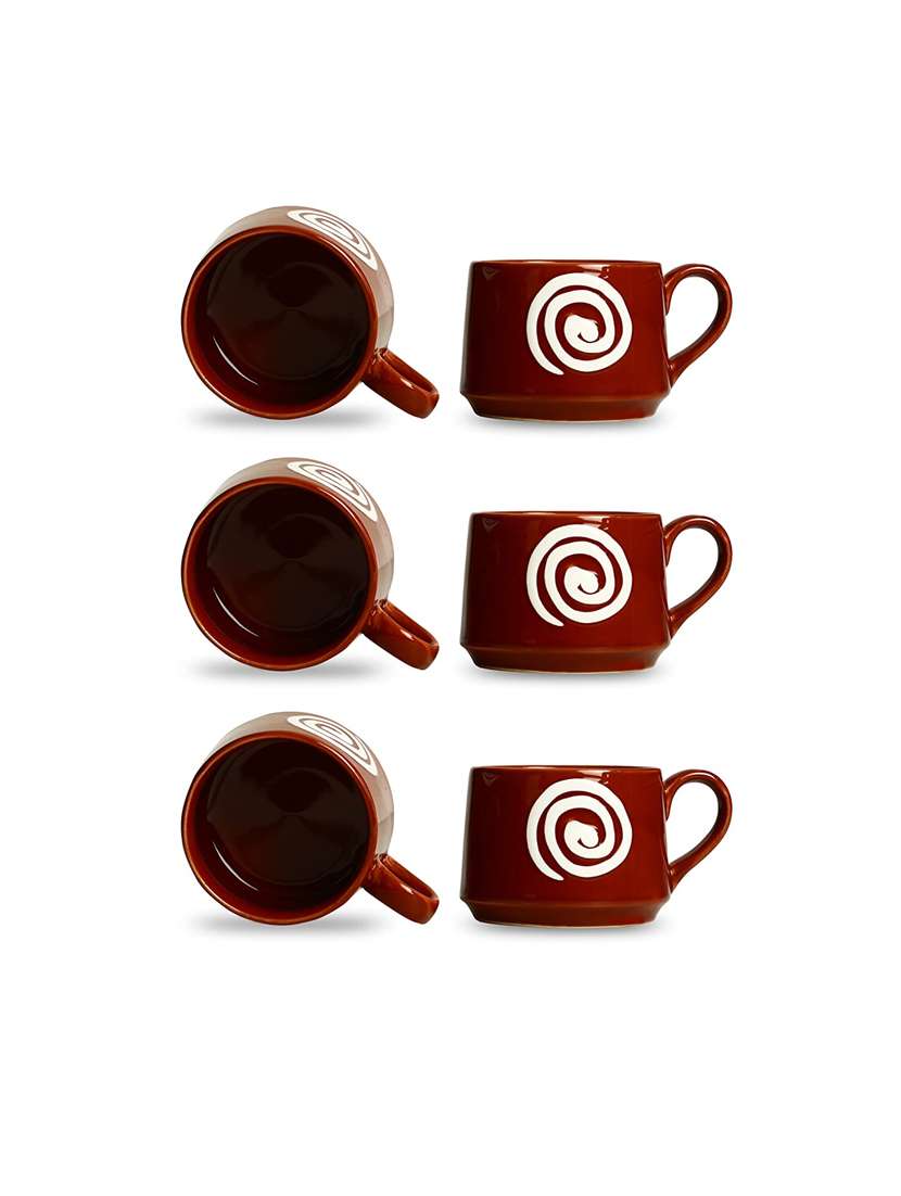 caffeine ceramic handmade brown & white doodle tea cups (set of 6)