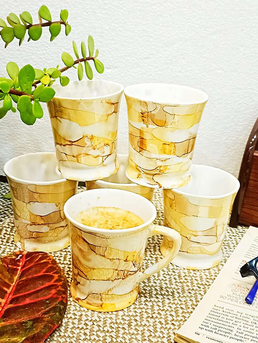 caffeine ceramic handmade yellow & gold glossy tea cup set (set of 6) - 19408750 -  Standard Image - 1