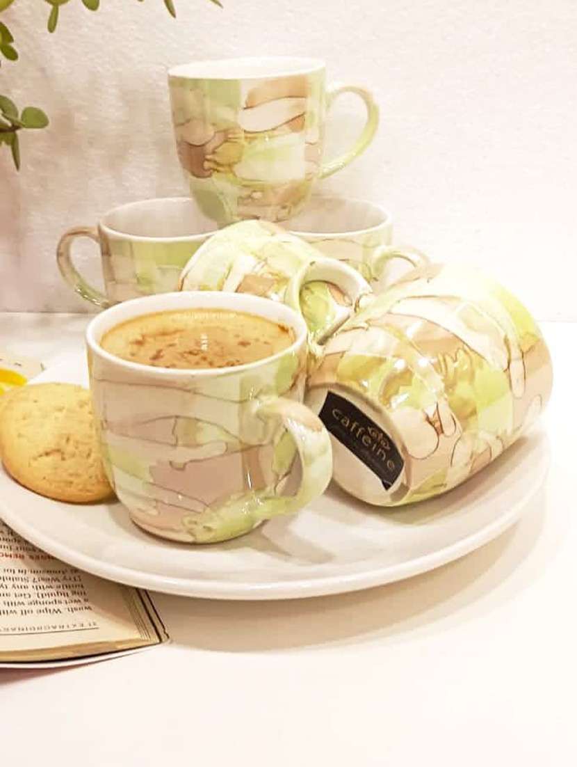 caffeine ceramic handmade green floral tea cup set (set of 6)