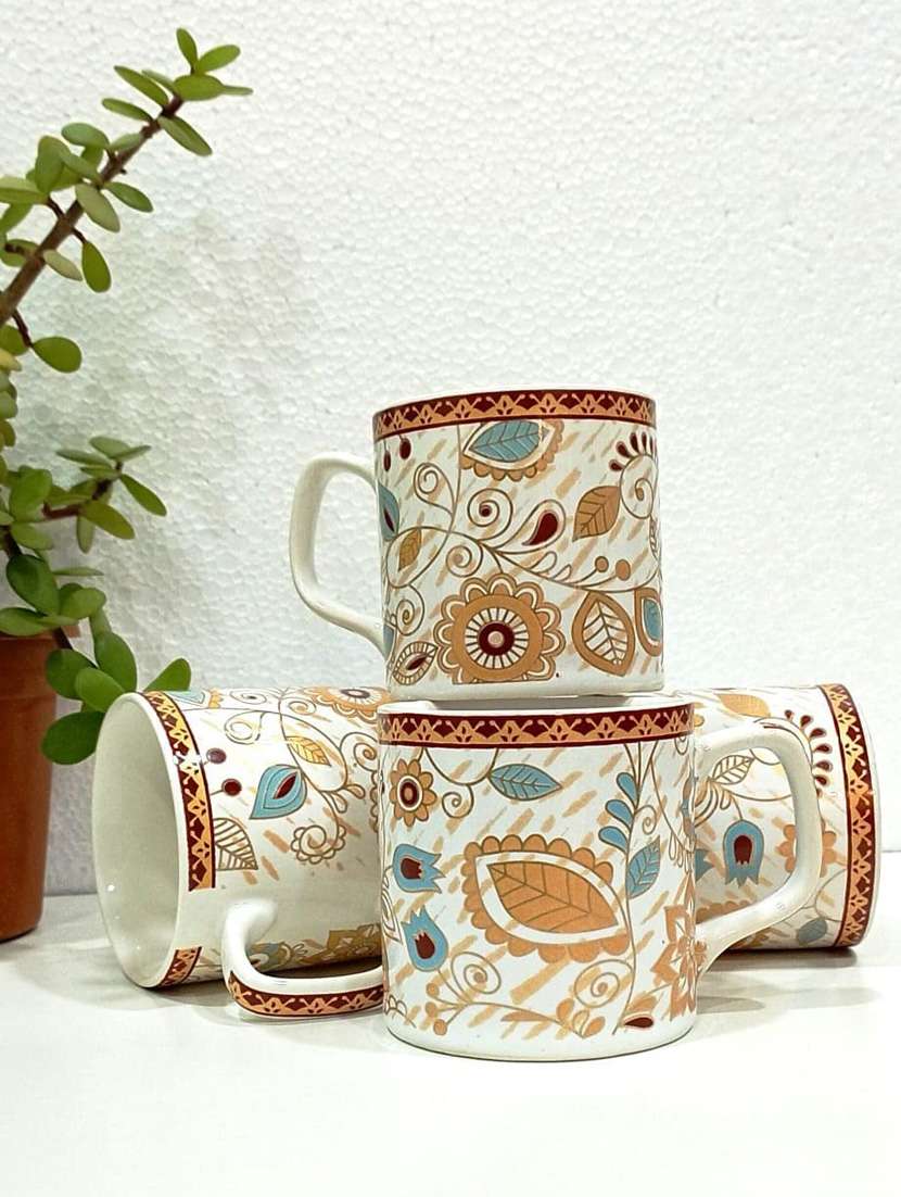 caffeine ceramic handmade white & gold floral tea cup set (set of 4)