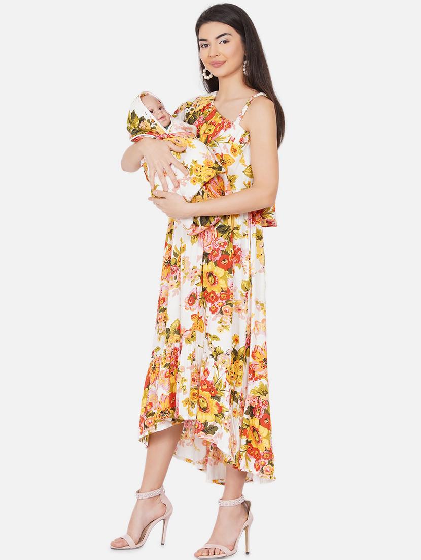 white printed maternity dress with baby wrap combo - 19409296 - Standard Image - 1