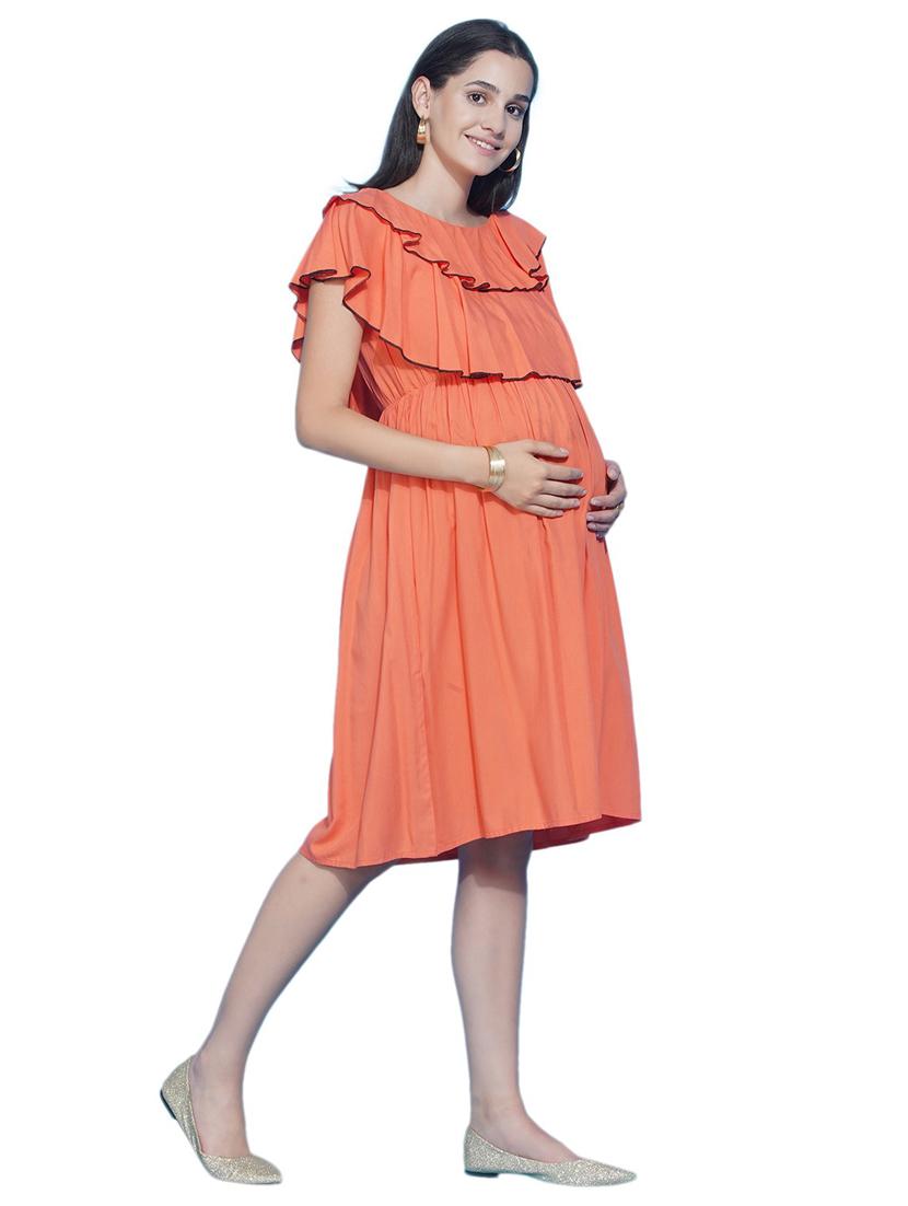 orange ruffled neck maternity dress - 19409309 - Standard Image - 1
