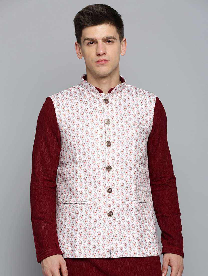 mandarin collar printed nehru jacket