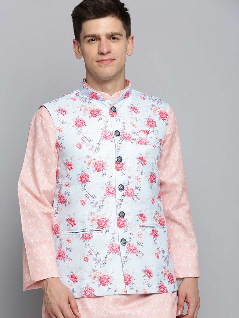 men floral printed sleeveless nehru jacket