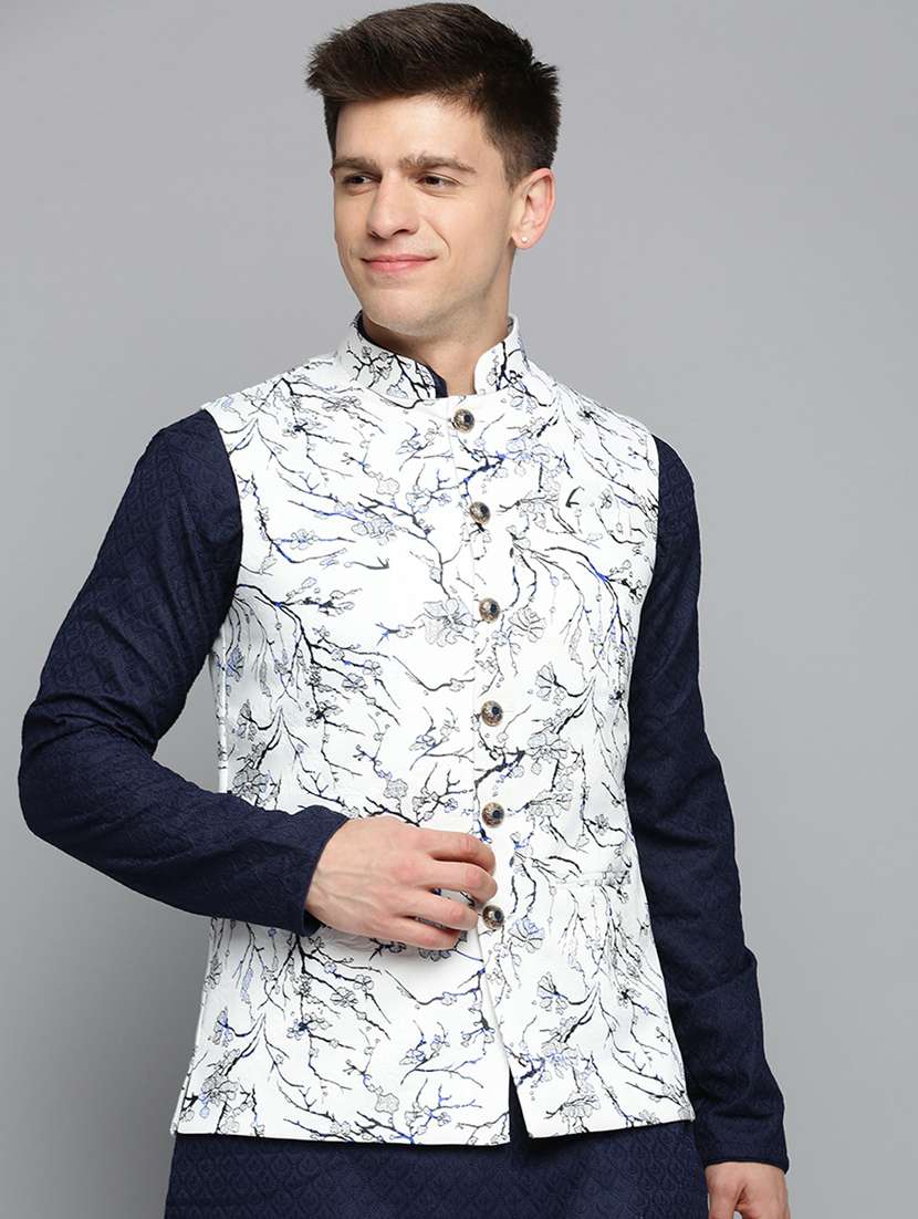 mandarin collar printed nehru jacket