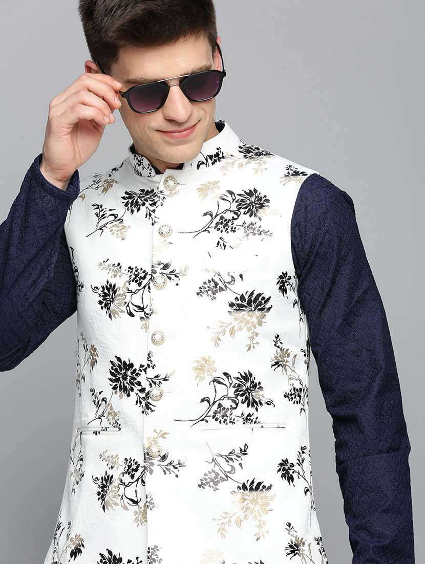 mandarin collar printed nehru jacket - 19409458 -  Standard Image - 4
