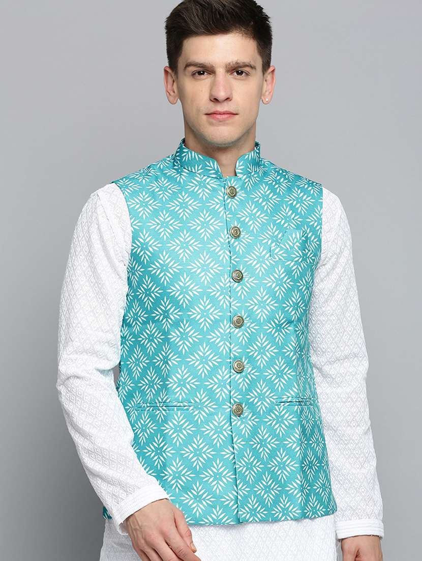 mandarin collar printed nehru jacket