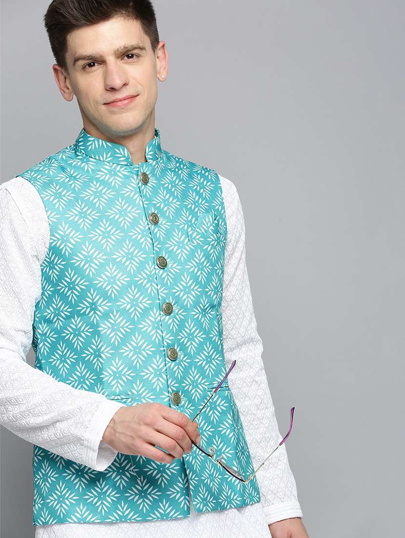mandarin collar printed nehru jacket - 19409460 -  Standard Image - 4