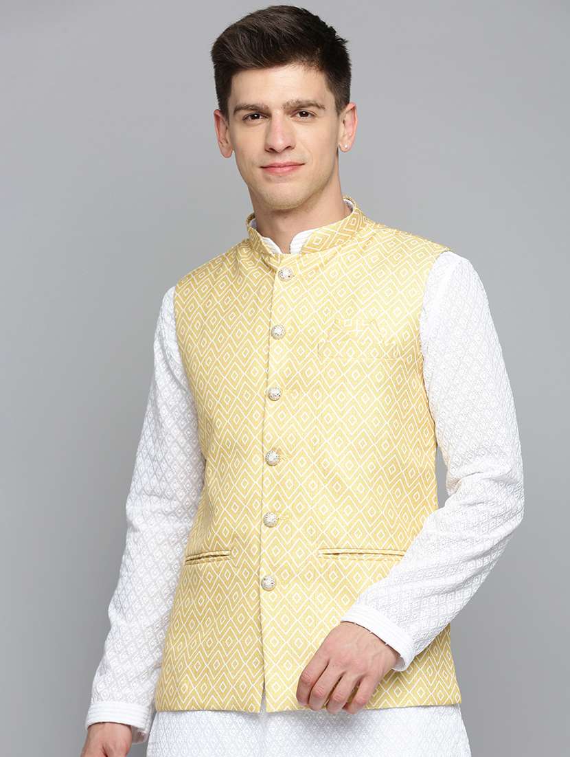 mandarin collar printed nehru jacket