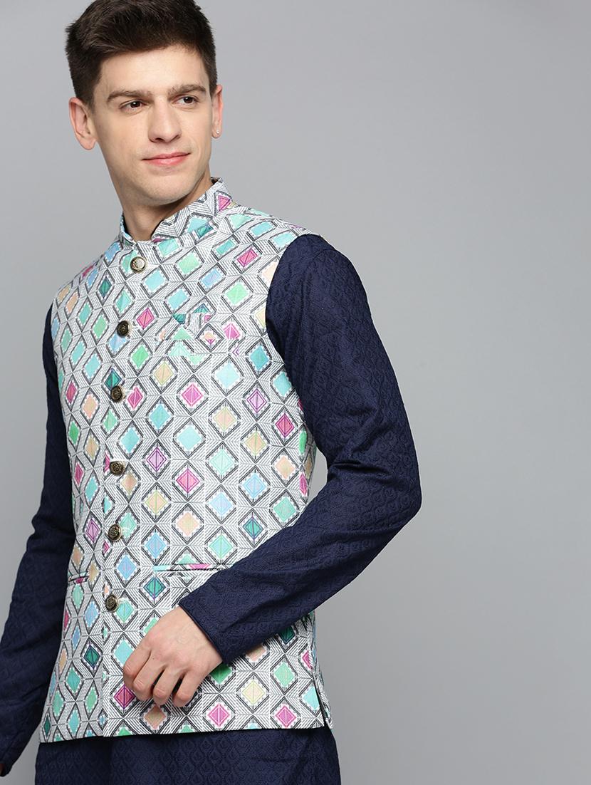 mandarin collar printed nehru jacket - 19409477 - Standard Image - 1