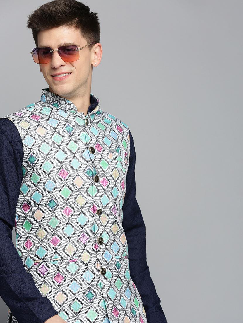 mandarin collar printed nehru jacket - 19409477 - Standard Image - 4