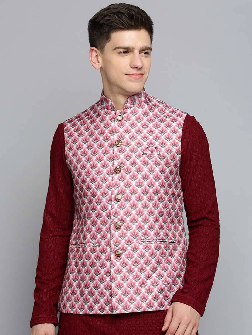 mandarin collar printed nehru jacket