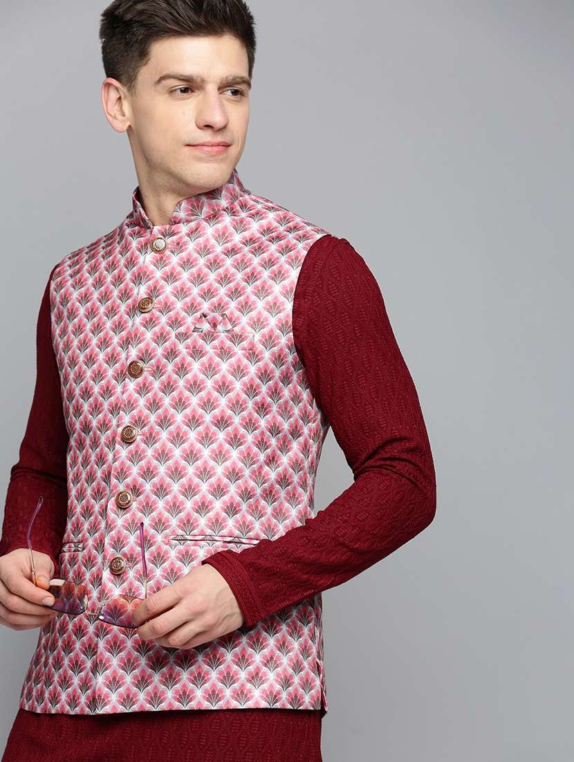 mandarin collar printed nehru jacket - 19409479 -  Standard Image - 4