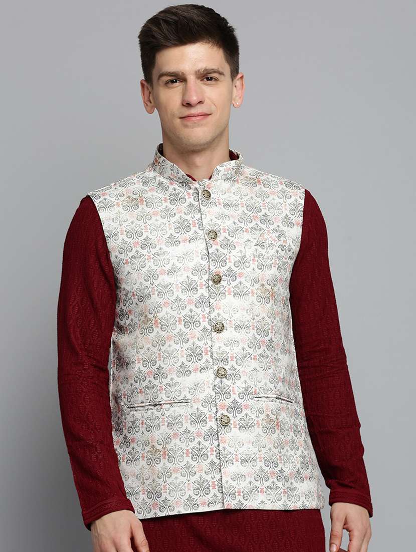 mandarin collar printed nehru jacket