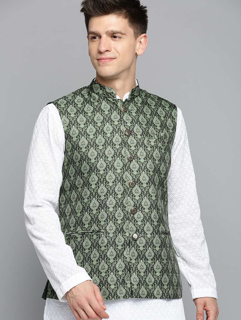 mandarin collar printed nehru jacket