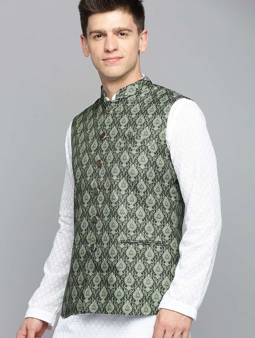 mandarin collar printed nehru jacket - 19409484 -  Standard Image - 1