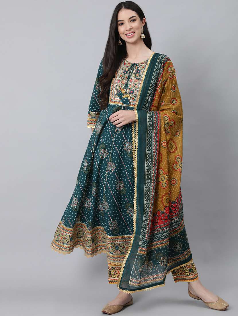 women three quarter sleeve anarkali kurta pant with dupatta set