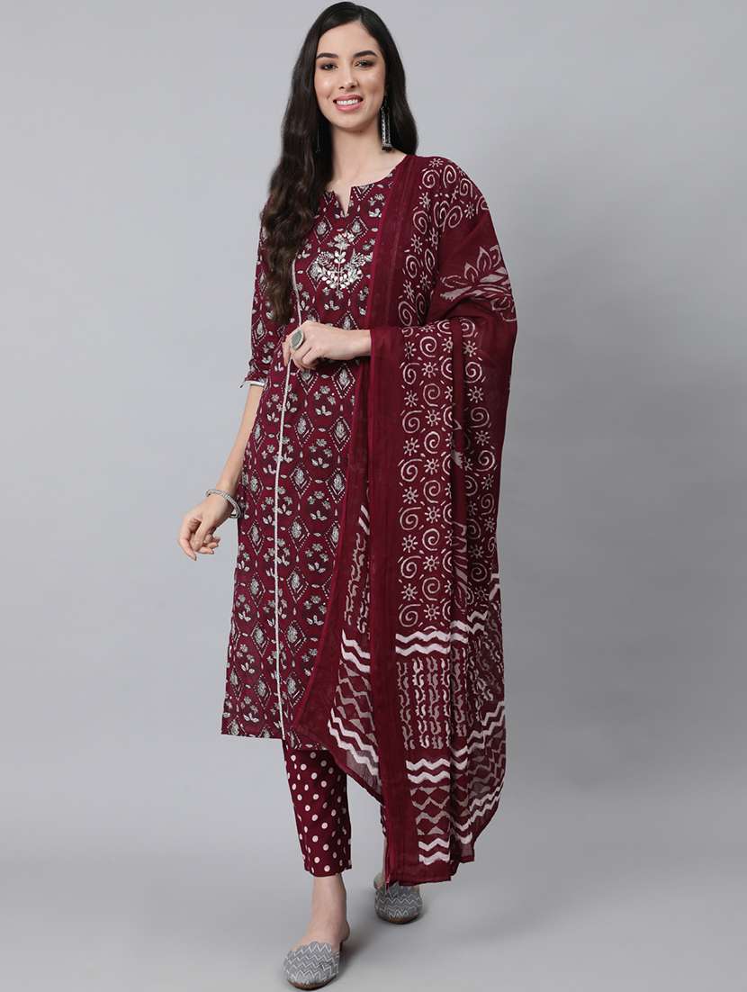 women three quarter sleeve kurta pant with dupatta set