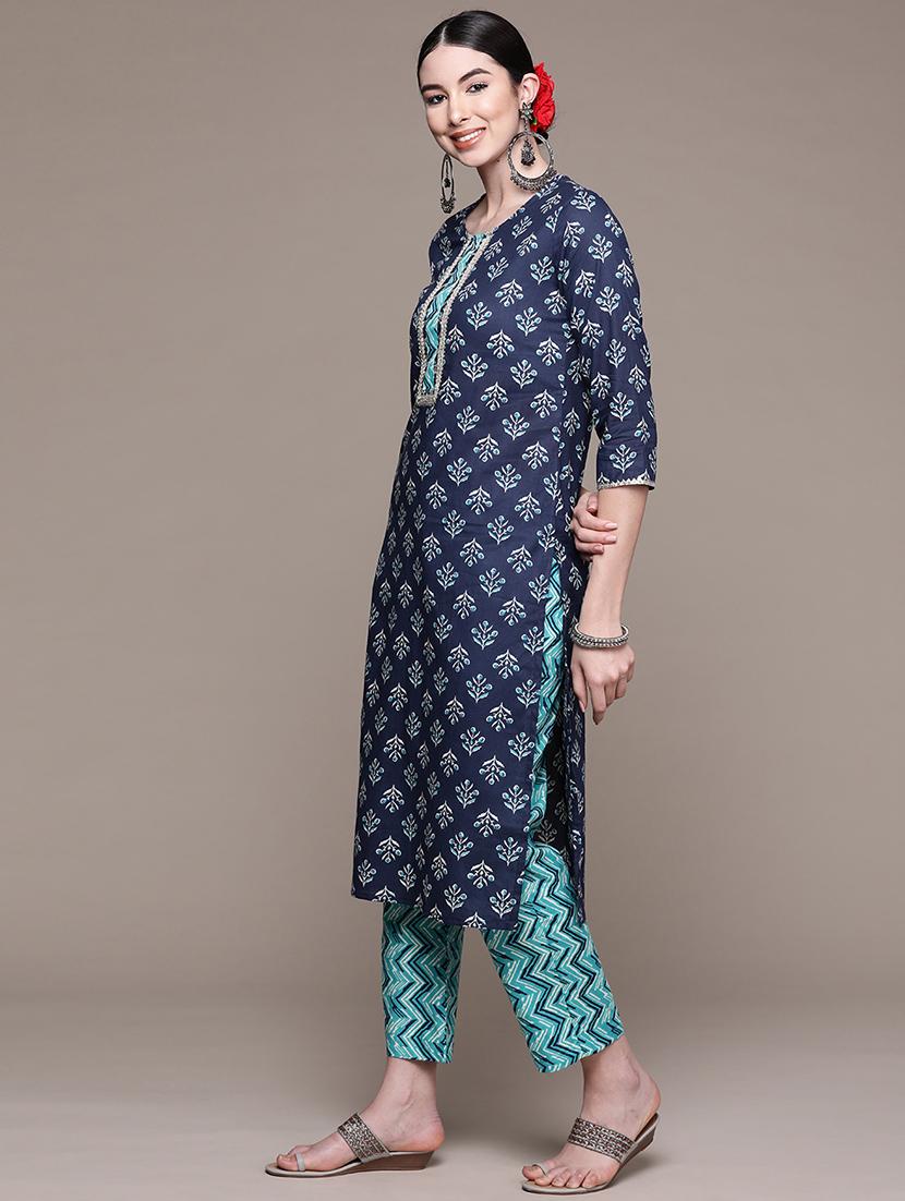 women navy blue round neck kurta pant set - 19412578 - Standard Image - 1