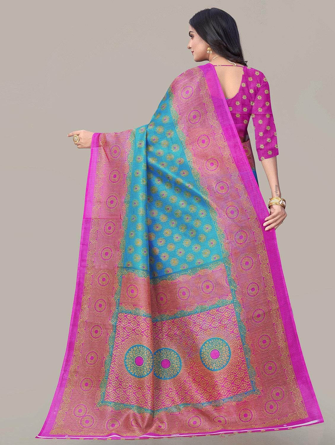 turquoise printed saree with blouse - 19413526 -  Standard Image - 1