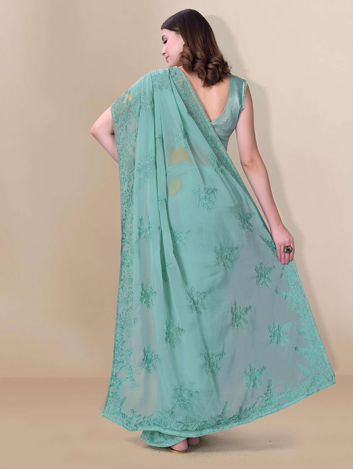turquoise georgette embroidered saree with blouse - 19413532 -  Standard Image - 1