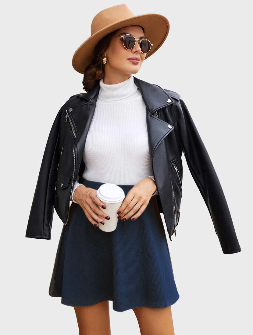 blue solid flared skirt