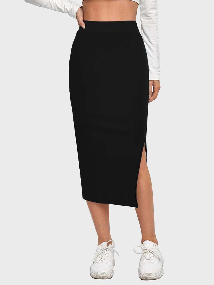 black solid side slit skirt