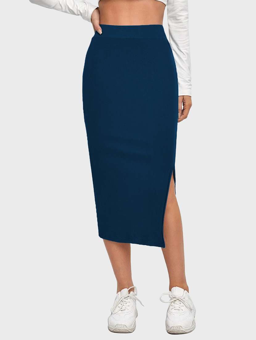 blue solid side slit skirt