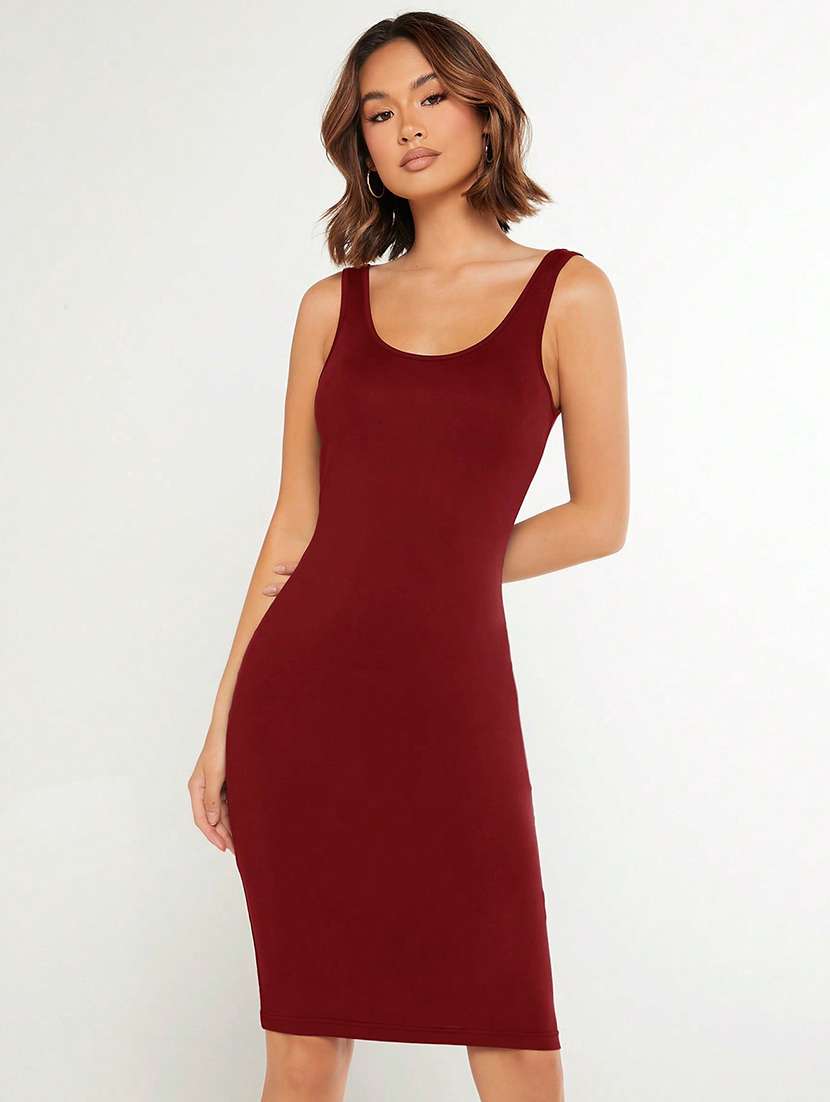 maroon solid sleeveless bodycon dress