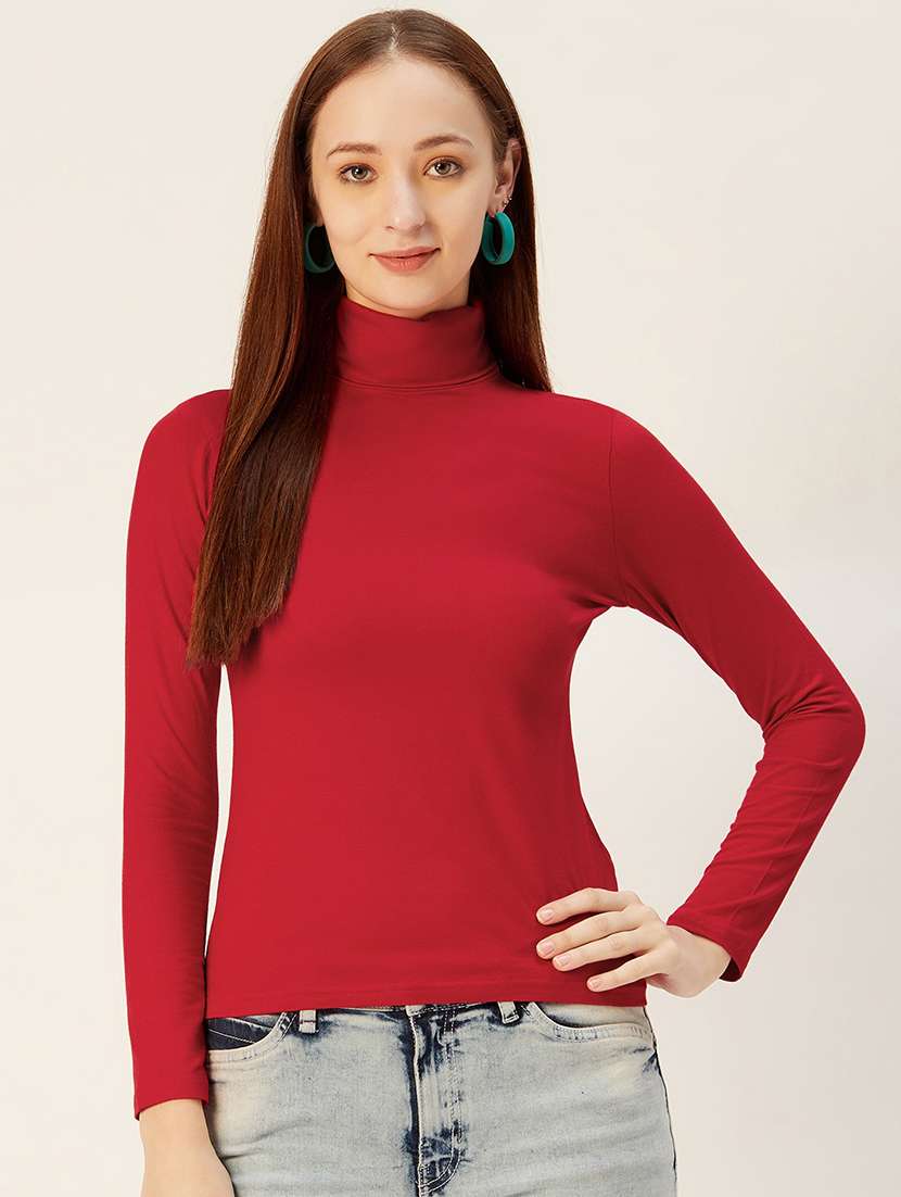 red solid high neck long sleeves top 