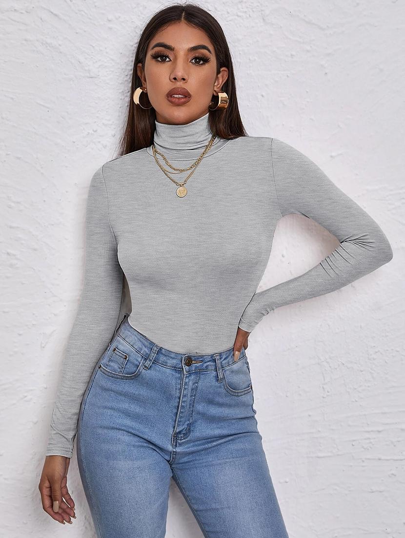 grey solid high neck long sleeves top  - 19417381 -  Zoom Image - 0