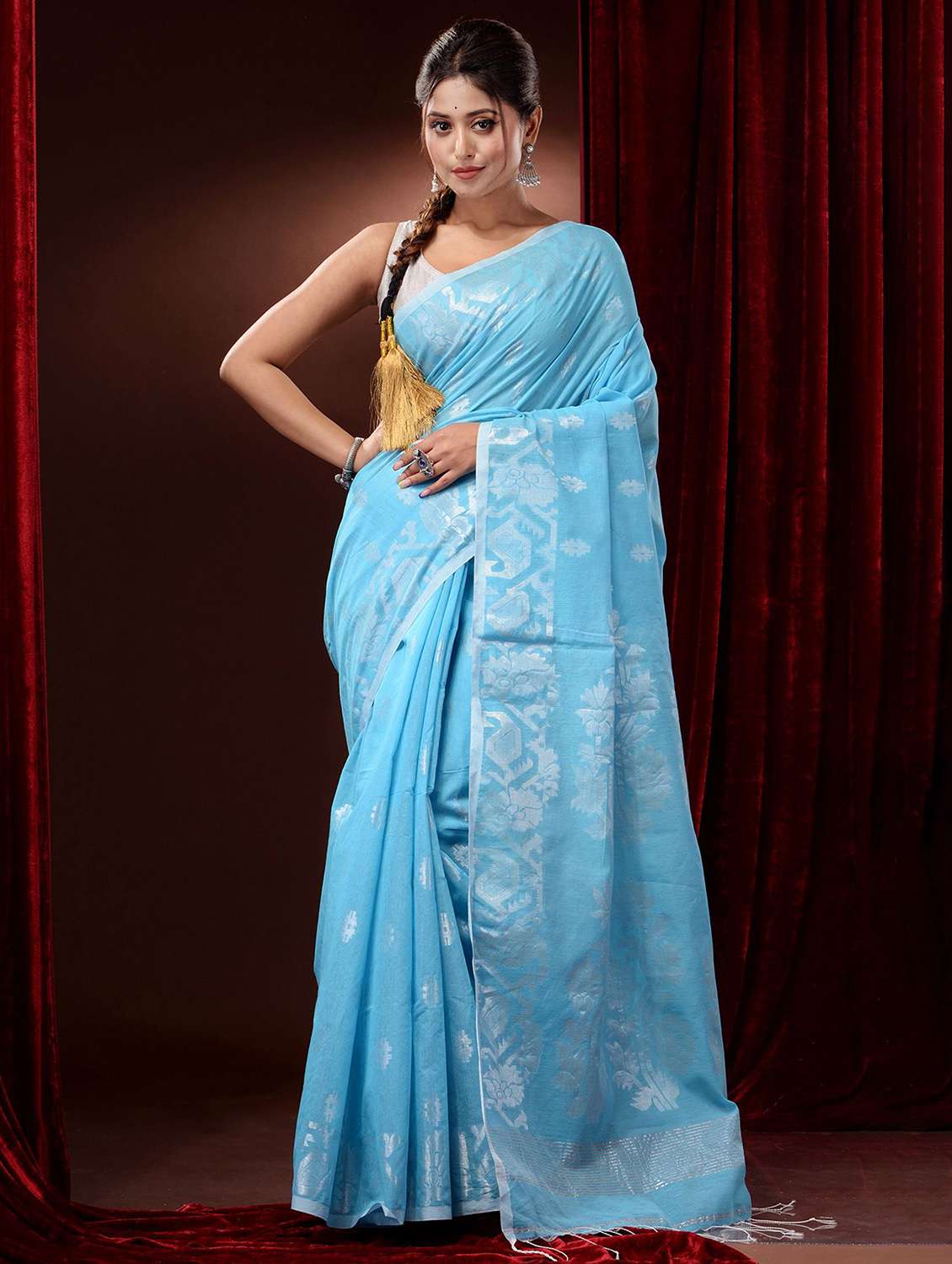 women's self design turquoise colored saree with blouse