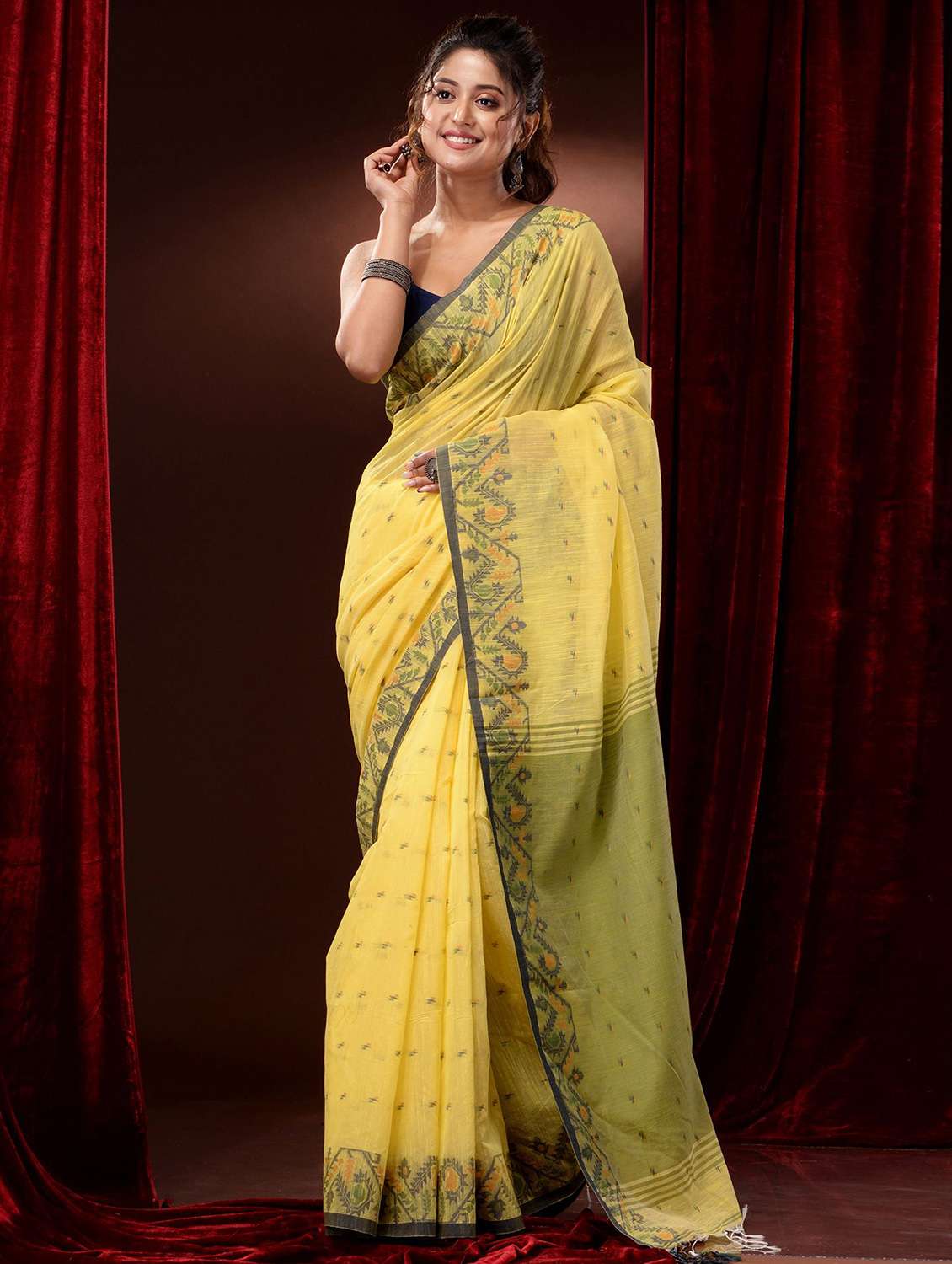 yellow cotton handloom saree with blouse