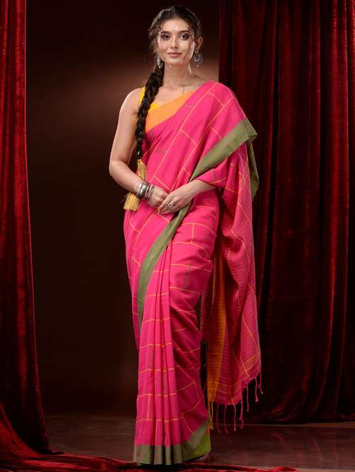 women's checks pink colored saree with blouse - 19417753 -  Standard Image - 0