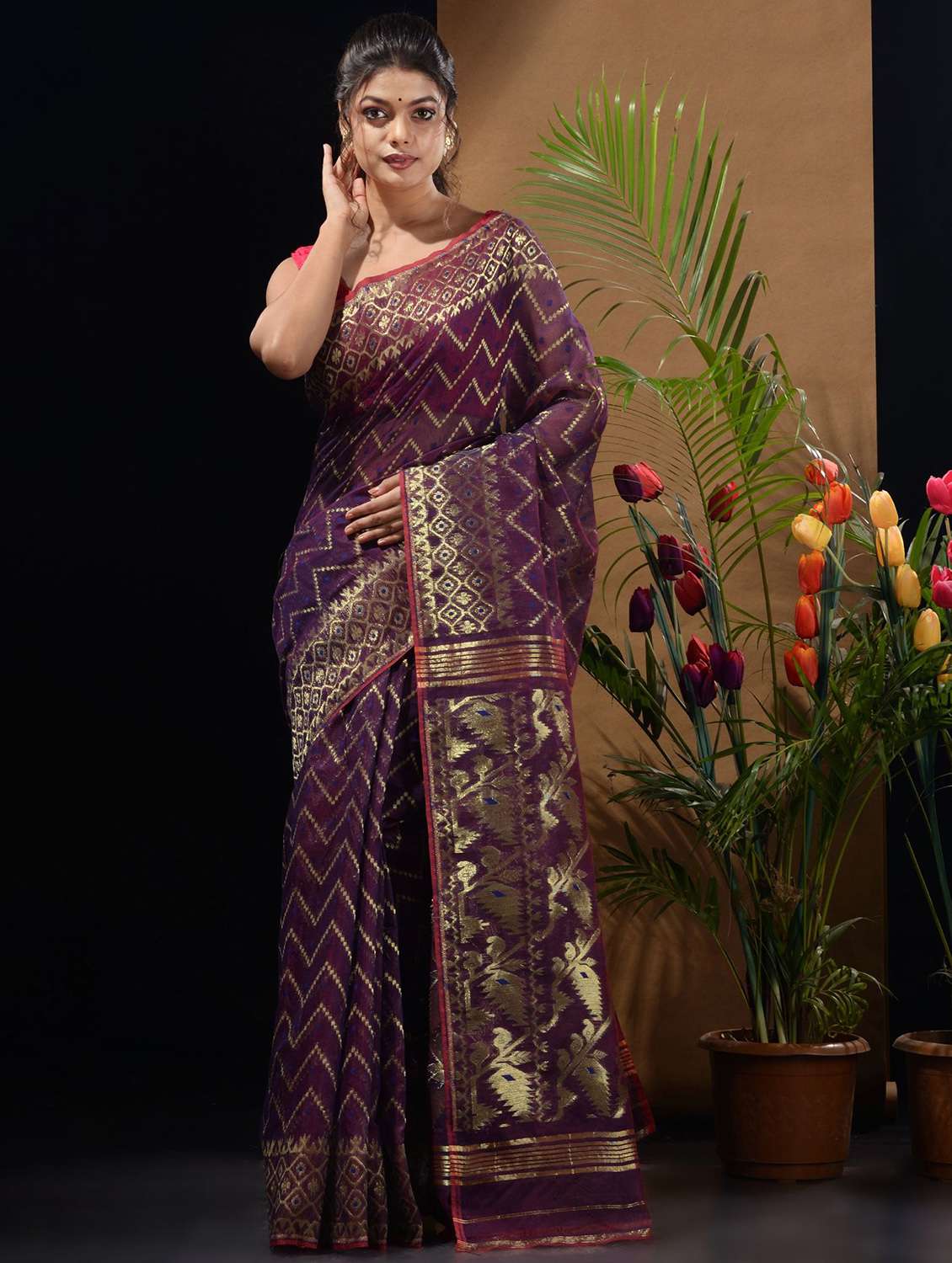 women's self design purple colored saree with blouse
