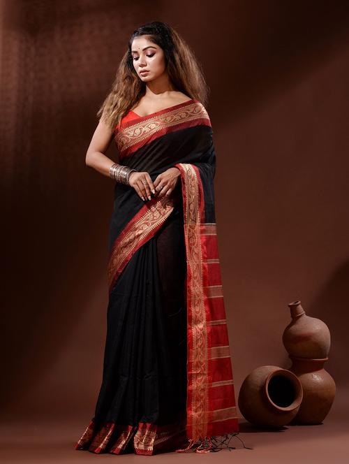 black cotton silk handloom saree with blouse - 19417943 - Standard Image - 0