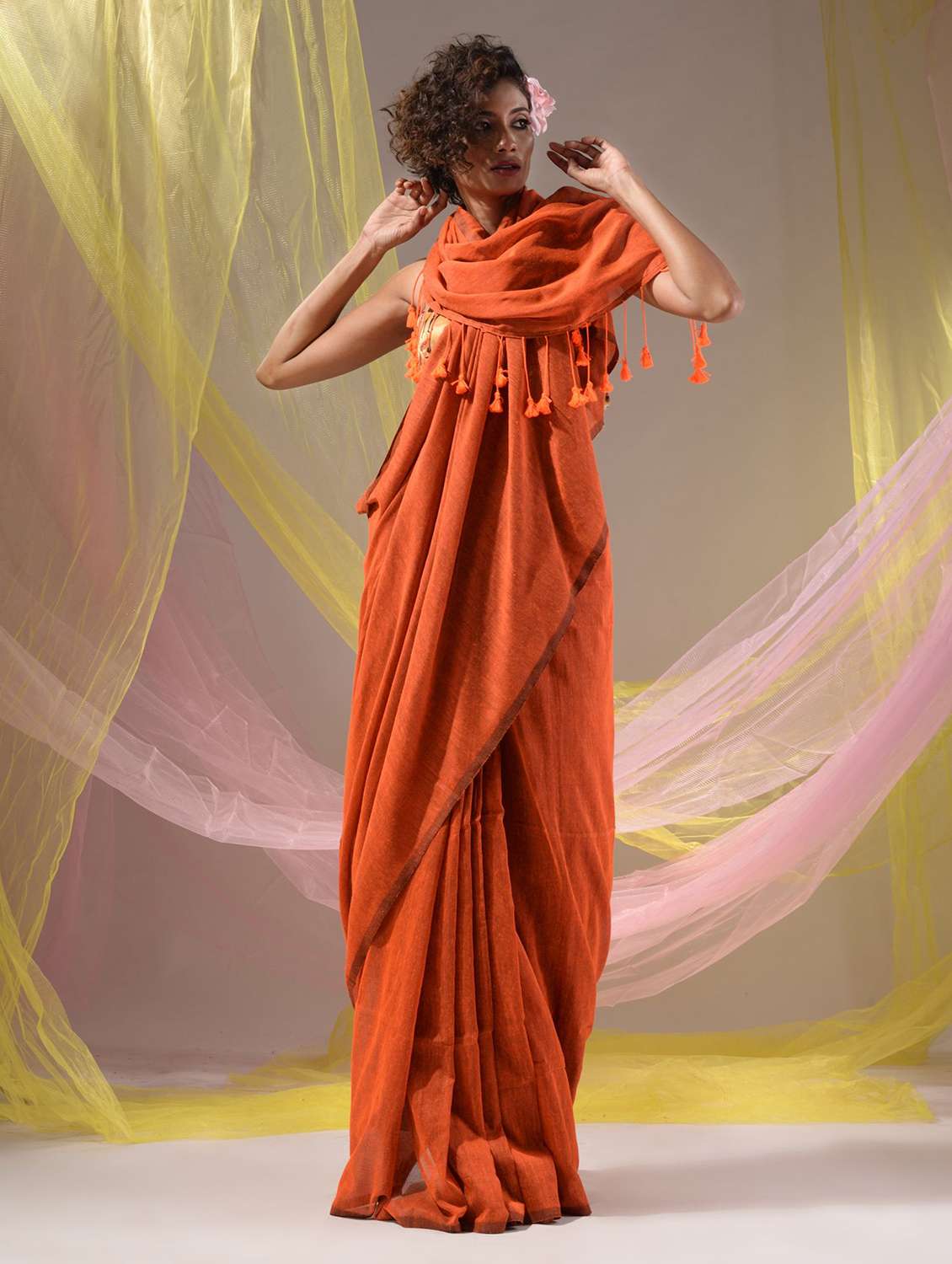 women's solid orange colored saree with blouse - 19418067 -  Standard Image - 1