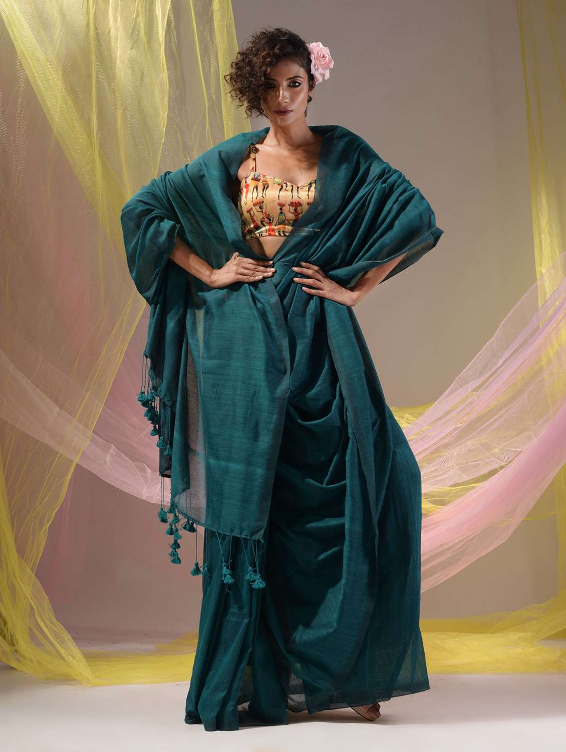 women's solid teal colored saree with blouse