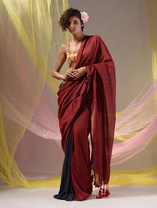 Women's Solid Red Colored Saree With Blouse
