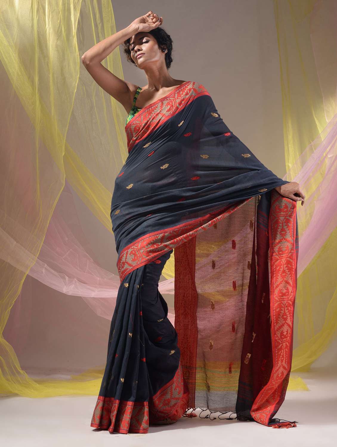 women's self design black colored saree with blouse