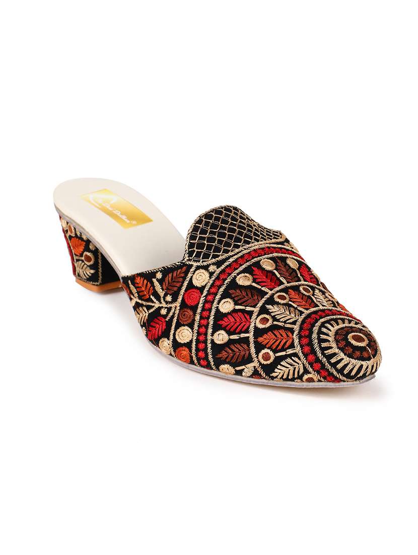multi colored embroidered block heel mules