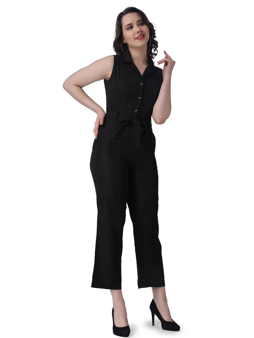 black solid lapel neck full leg jumpsuit - 19421990 - Standard Image - 1