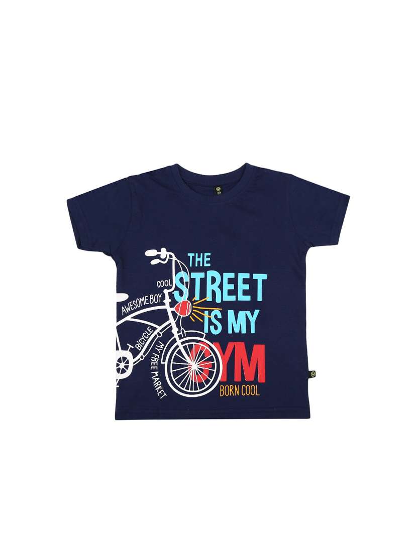 navy blue printed round neck t-shirt