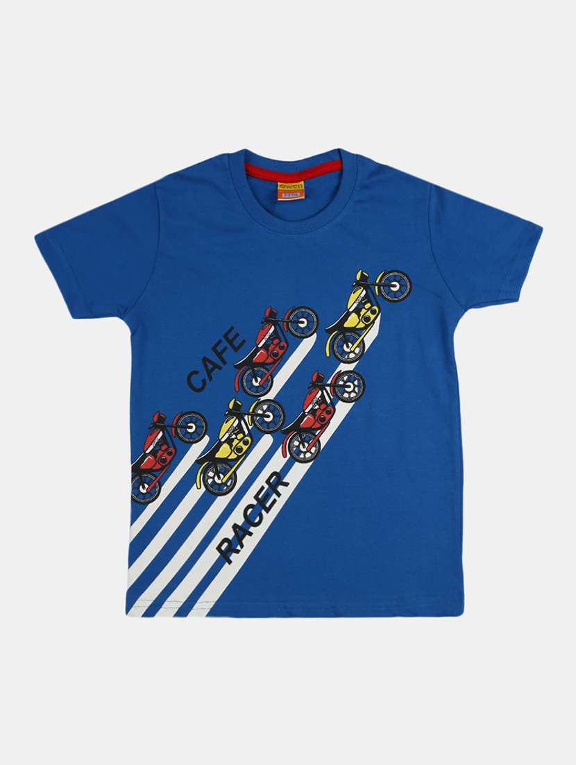 blue printed round neck t-shirt