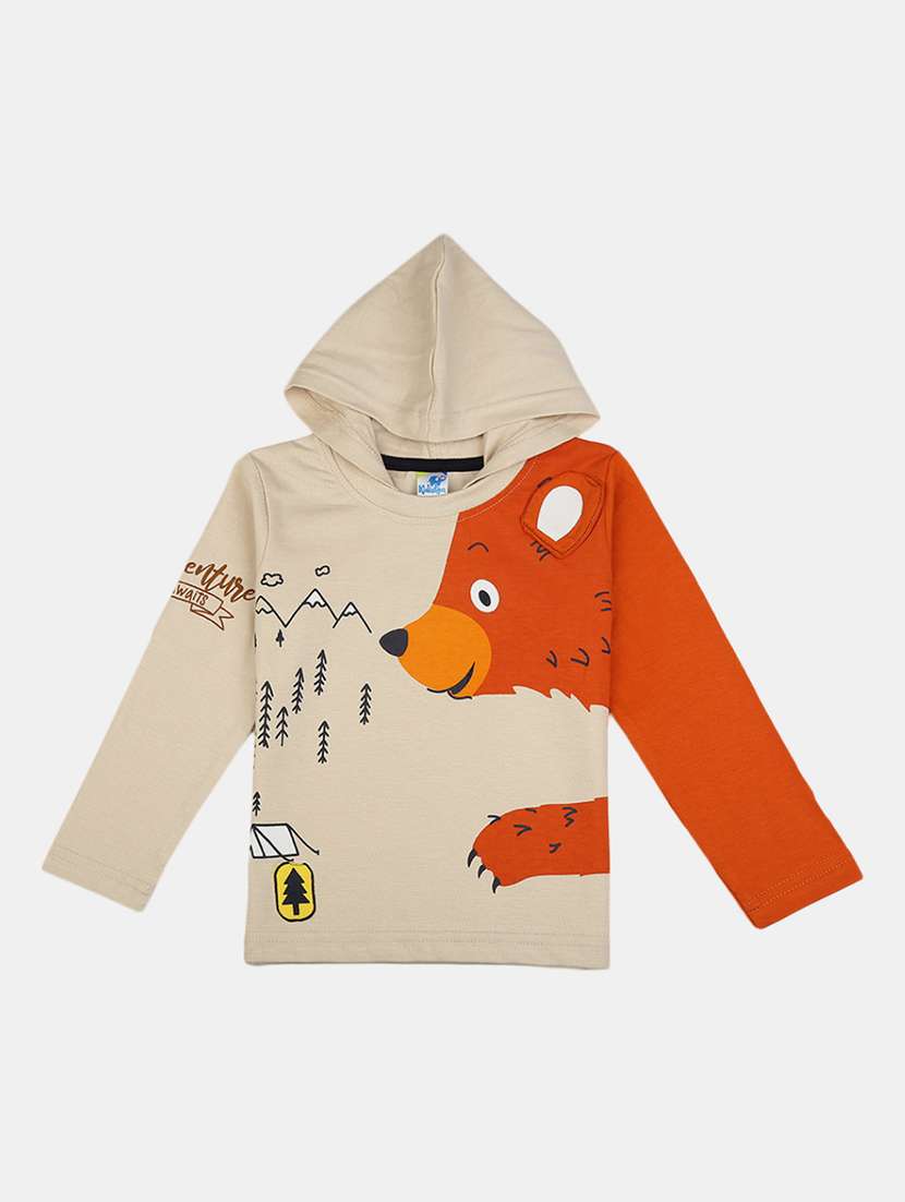 beige printed hooded neck t-shirt