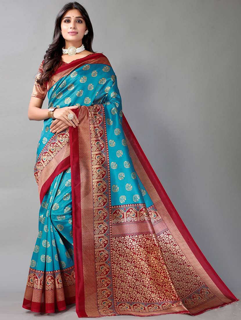 women's self design blue colored saree with blouse
