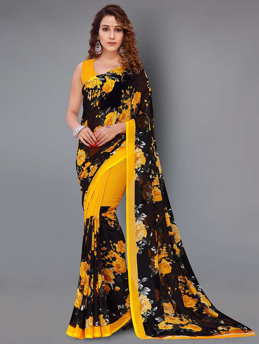 women's floral yellow colored saree with blouse