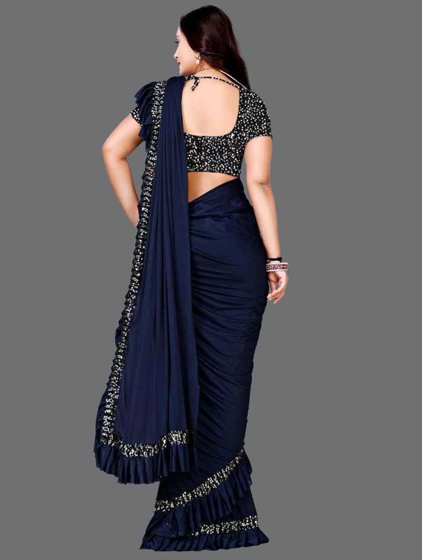 women's solid with work navy blue colored saree with blouse - 19423976 -  Standard Image - 1